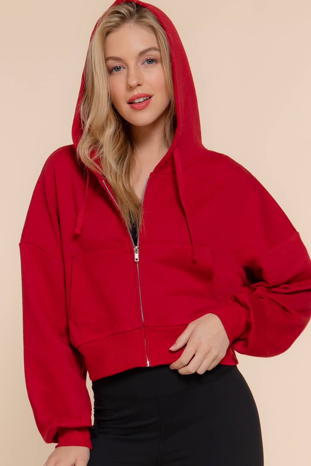 Long Sleeve Hoodie French Terry Zip Up Jacket COFFEE