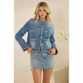 Tweed Trimmed Front Pocket Denim Jacke